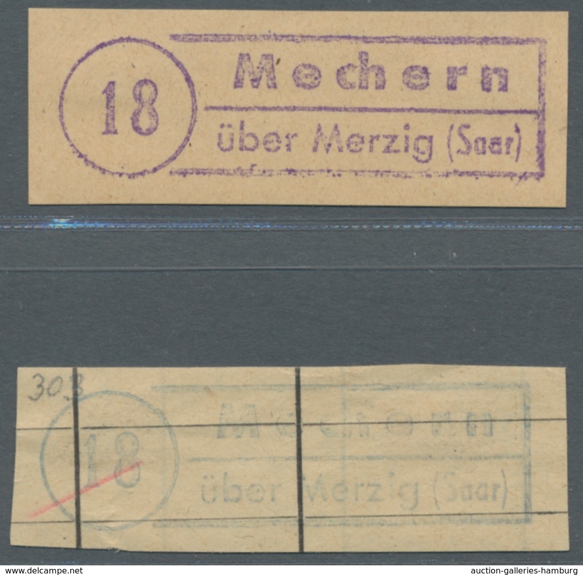 Saarland (1947/56) - Besonderheiten: "18 Mechern über Merzig (Saar)" (blau Und Violett), Klarer Absc - Sonstige & Ohne Zuordnung