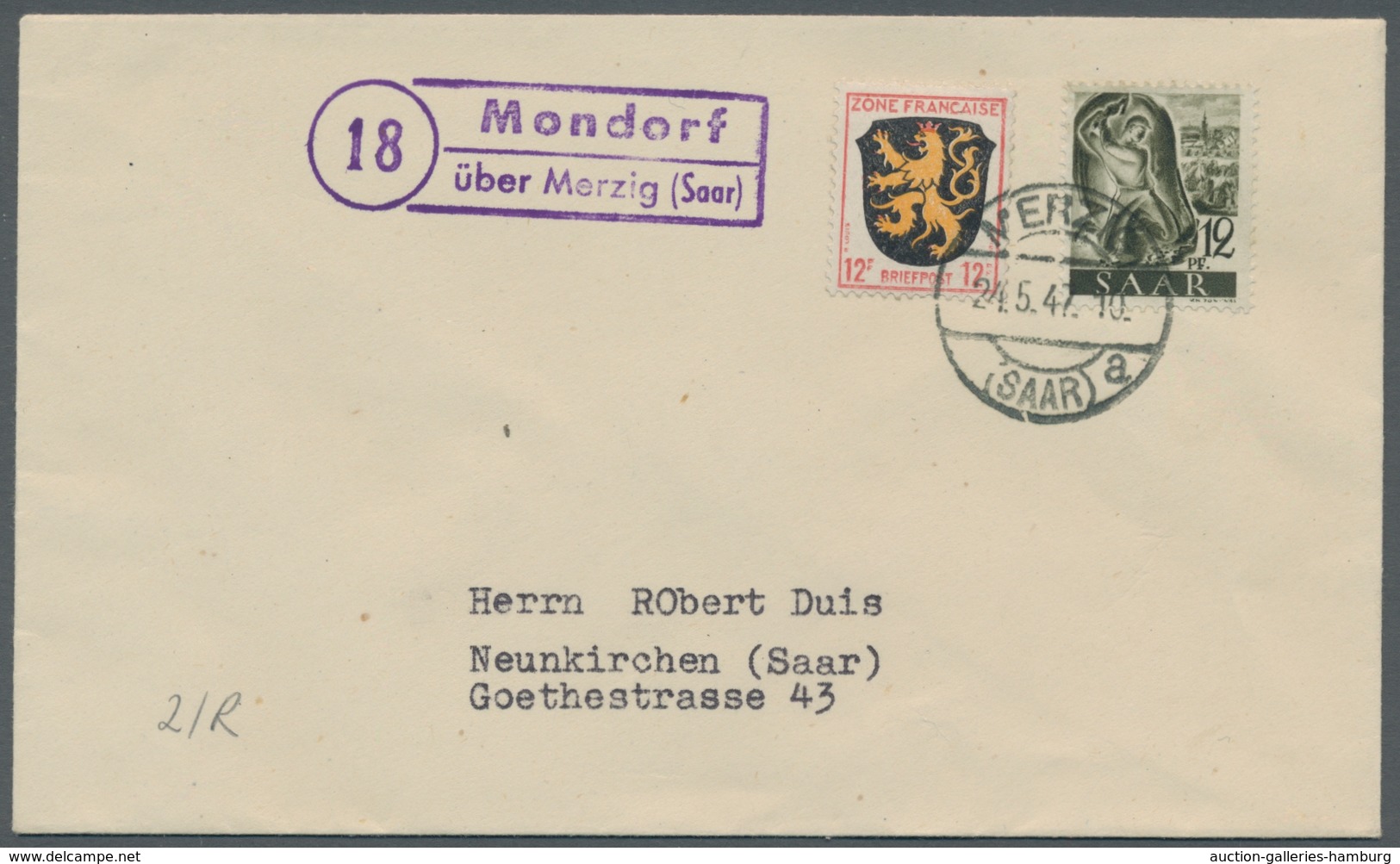 Saarland (1947/56) - Besonderheiten: "18 Mondorf über Merzig (Saar)", Klarer Abschlag Des Landpostst - Other & Unclassified