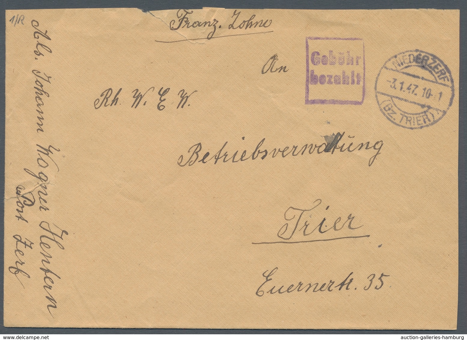 Saarland (1947/56) - Besonderheiten: NIEDERZERF (Bz. TRIER) -3.1.47, Klar Neben Ra2 "Gebühr Bezahlt" - Other & Unclassified