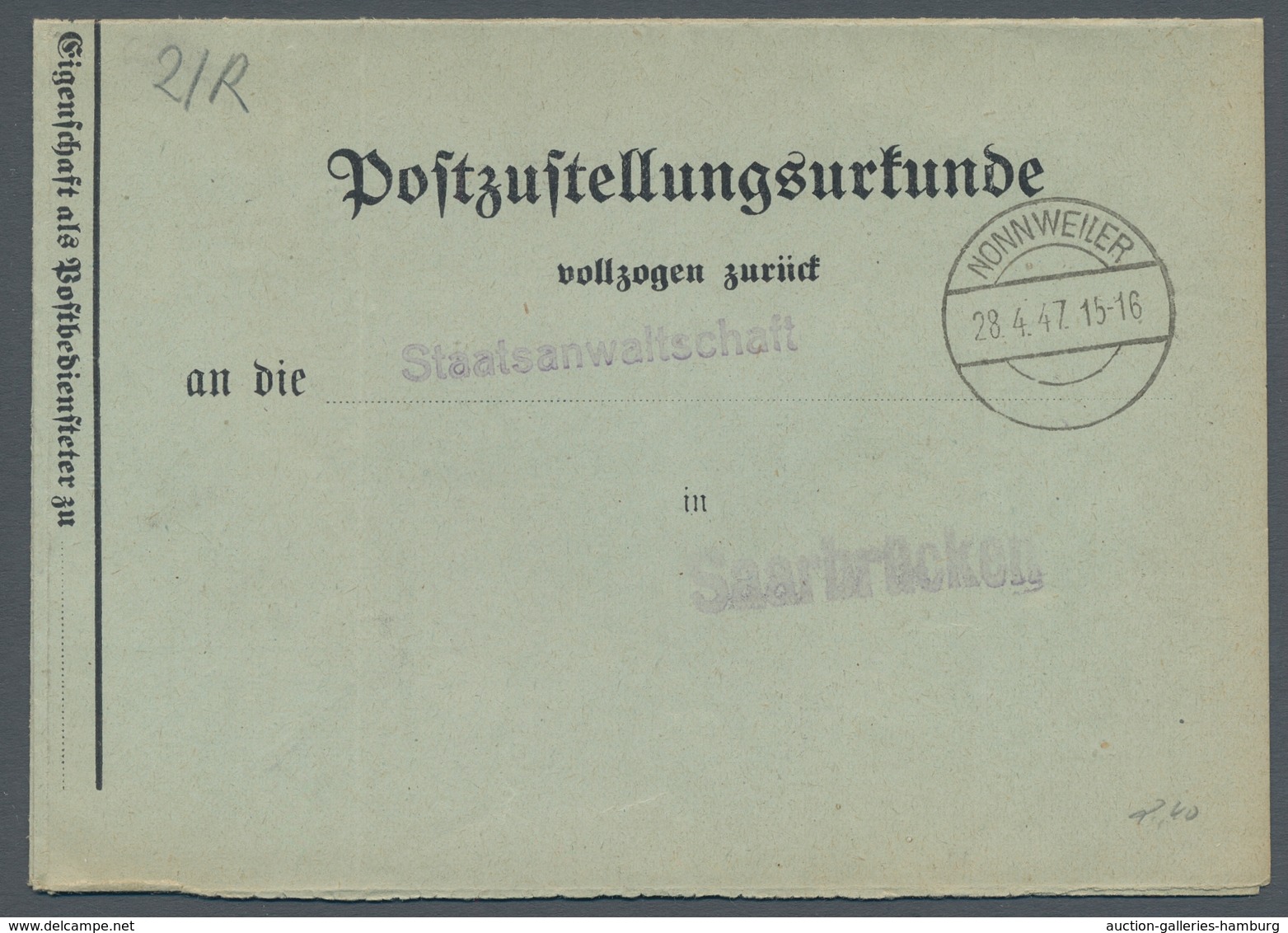 Saarland (1947/56) - Besonderheiten: NONNWEILER 28.4.47 (aptiert), Sauberer Abschlag Auf Postzustell - Sonstige & Ohne Zuordnung