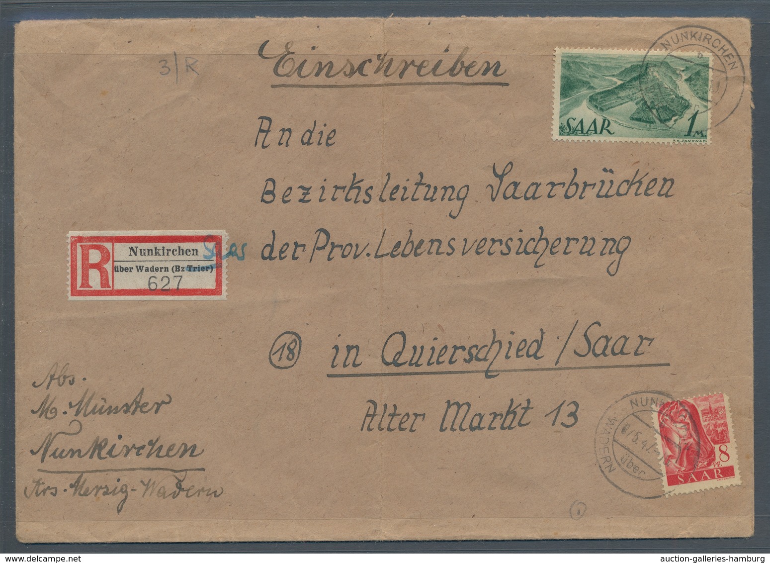 Saarland (1947/56) - Besonderheiten: NUNKIRCHEN über WADERN B 6/5.47 (aptiert), Sauberer Abschlag Au - Sonstige & Ohne Zuordnung