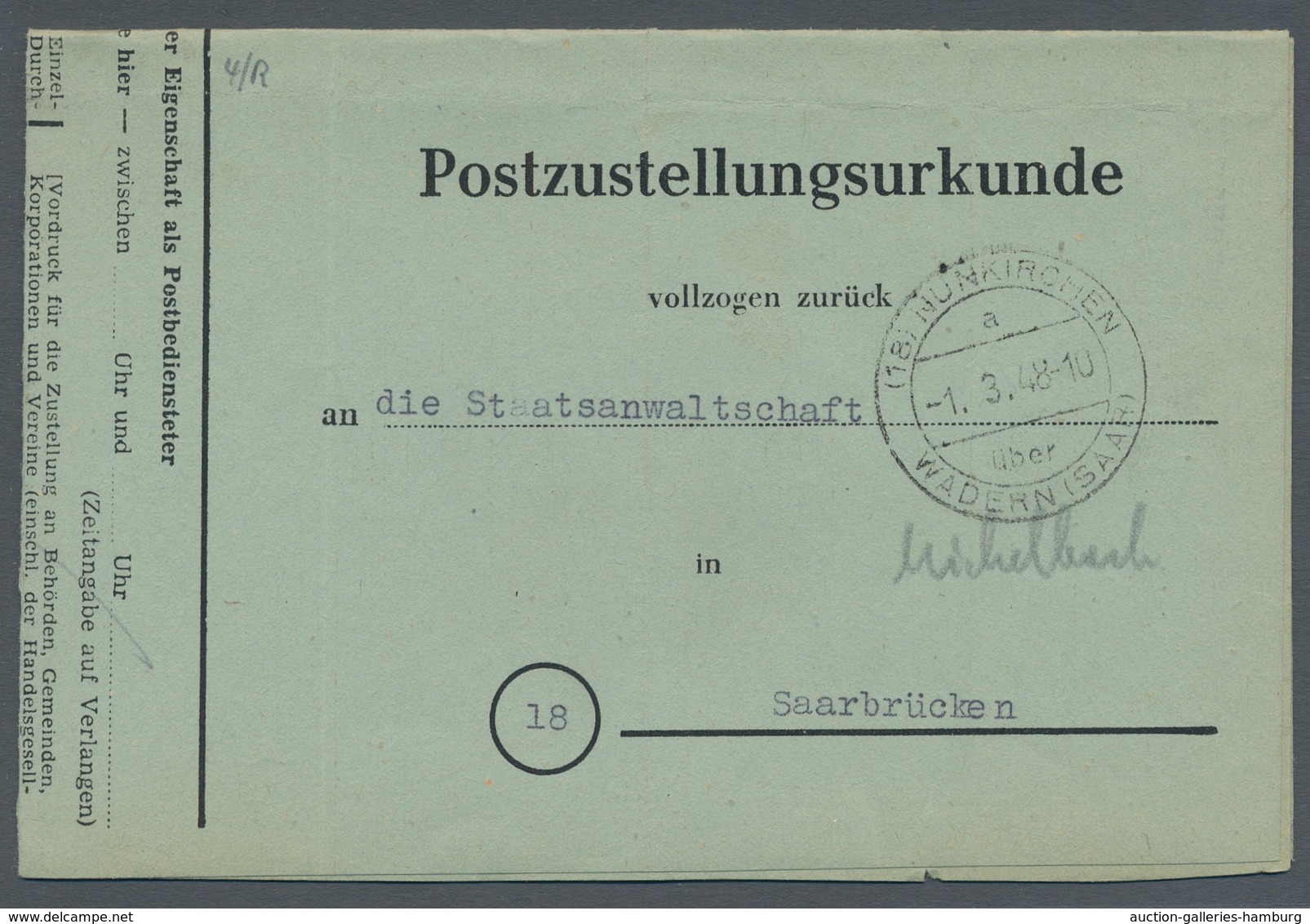 Saarland (1947/56) - Besonderheiten: (18) NUNKIRCHEN über WADERN (SAAR) A -1.3.48, Klarer Abschlag A - Other & Unclassified