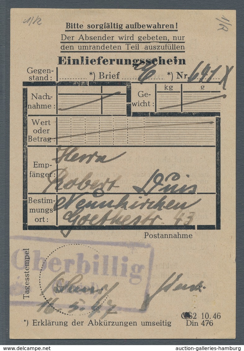 Saarland (1947/56) - Besonderheiten: "Oberbillig (Mosel)", Klarer Abschlag Des Landpoststempels Mit - Other & Unclassified
