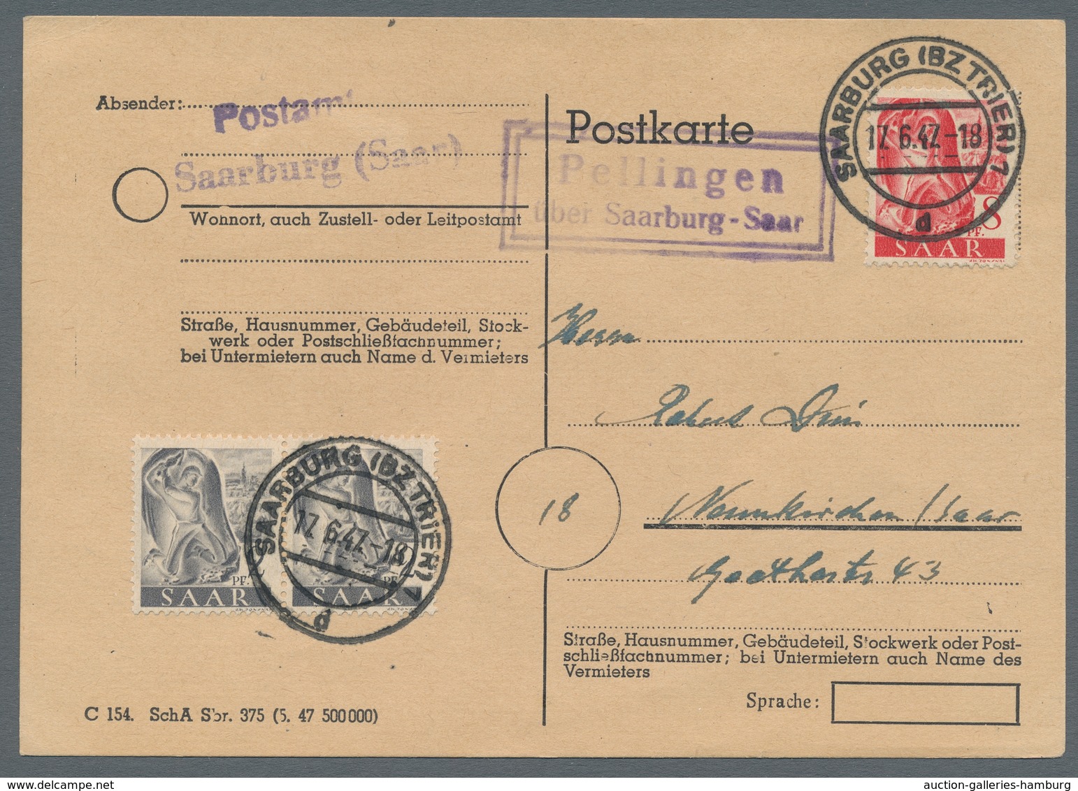 Saarland (1947/56) - Besonderheiten: "Pellingen über Saarburg-Saar", Klarer Abschlag Des Landpostste - Other & Unclassified