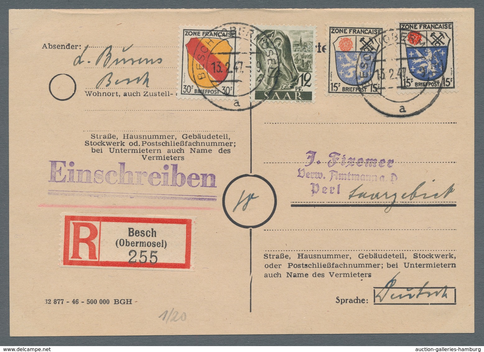 Saarland (1947/56) - Besonderheiten: PERL (MOSEL) B 13.2.47, Klarer Abschlag Als Ankunftsstempel Rs. - Sonstige & Ohne Zuordnung