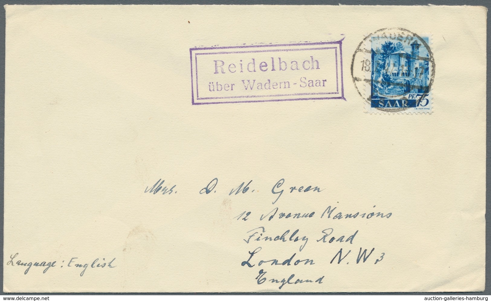 Saarland (1947/56) - Besonderheiten: "Reidelbach über Wadern-Saar", Klarer Abschlag Des Landpoststem - Sonstige & Ohne Zuordnung