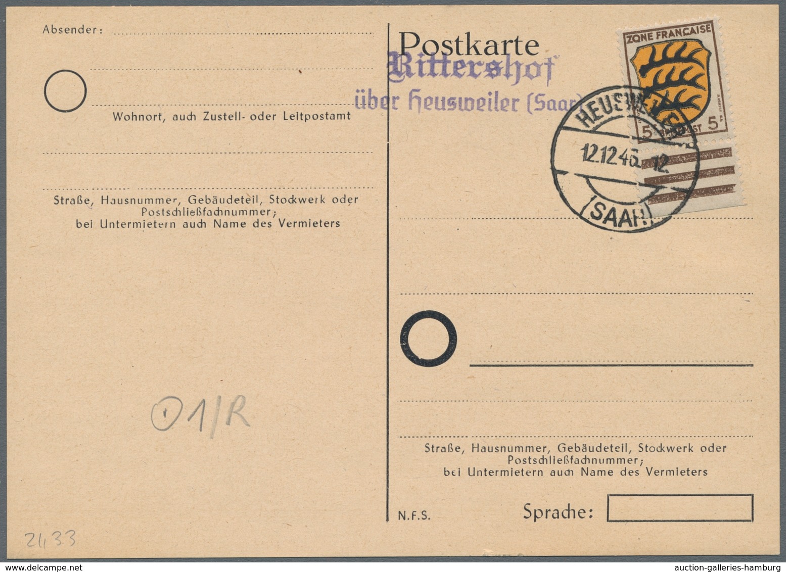 Saarland (1947/56) - Besonderheiten: "Rittershof über Heusweiler (Saar)", Klarer Abschlag Des Landpo - Other & Unclassified