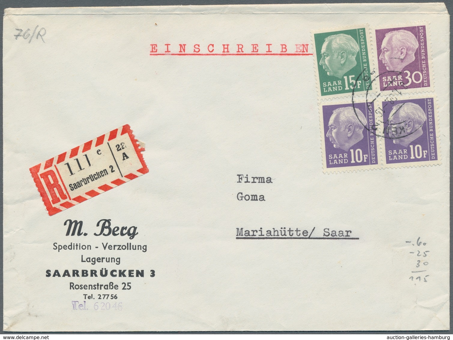 Saarland (1947/56) - Besonderheiten: SAARBRÜCKEN 2 Ea -8.1.58, Sauber Auf Frank. R-Brief Nach Mariah - Sonstige & Ohne Zuordnung