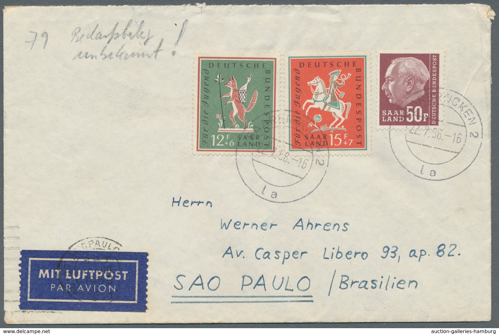 Saarland (1947/56) - Besonderheiten: SAARBRÜCKEN 2 La 22.7.56, Sauber Auf Frank. Flugbrief Nach Sao - Sonstige & Ohne Zuordnung