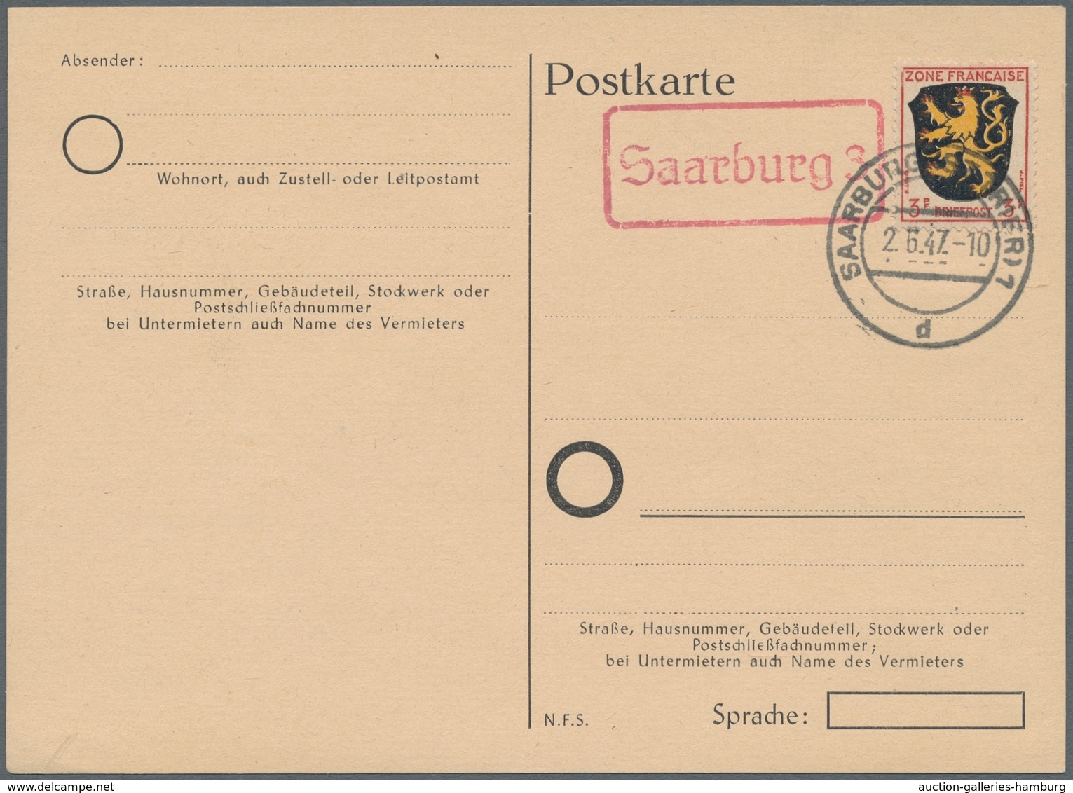 Saarland (1947/56) - Besonderheiten: "Saarburg 3" (rotlila) Neben SAARBURG (BZ. TRIER) 1 D 2.6.47, S - Other & Unclassified