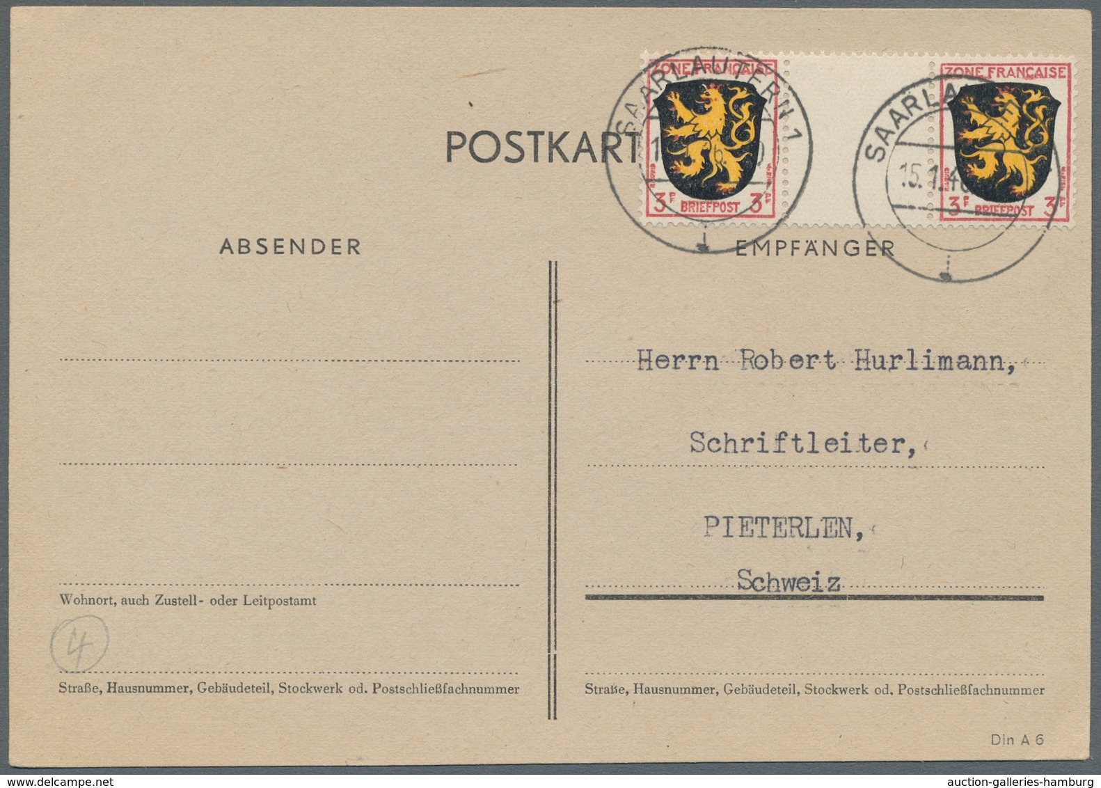 Saarland (1947/56) - Besonderheiten: SAARLAUTERN 1 I 15.1.48, Klar Auf Mit Zwischenstegpaar Frz. Zon - Other & Unclassified