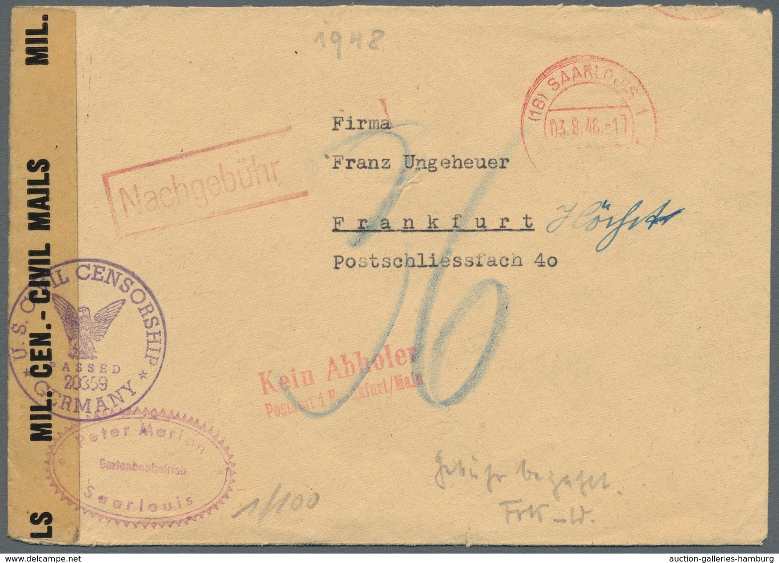 Saarland (1947/56) - Besonderheiten: 18 SAARLOUIS 1 03.8.46, Klarer Abschlag In Rot Auf Zensiertem N - Other & Unclassified