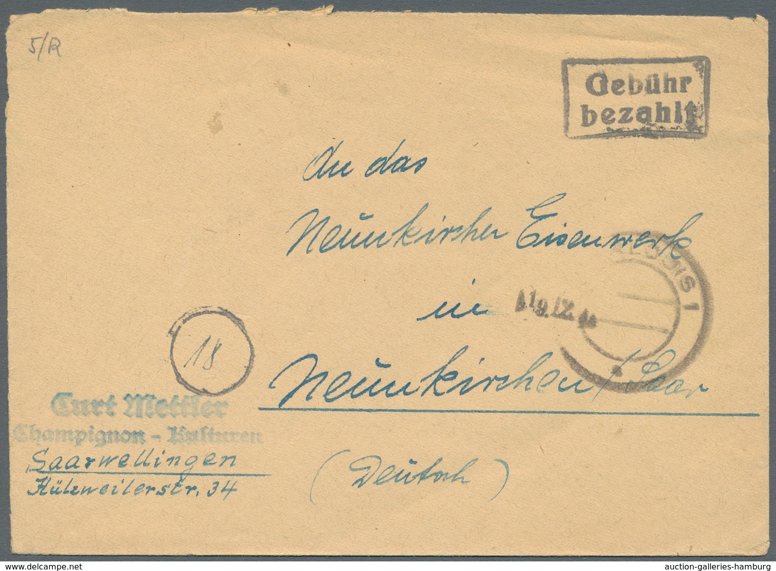 Saarland (1947/56) - Besonderheiten: "Saarlouis 1" (Not-Gummistempel In Schwarz), Sauber Neben Ra2 " - Sonstige & Ohne Zuordnung