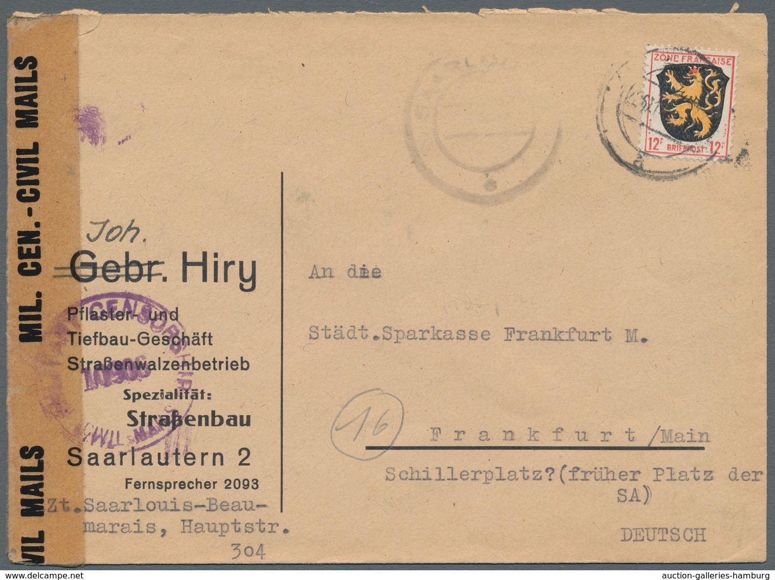 Saarland (1947/56) - Besonderheiten: "Saarlouis 1" (Not-Gummistempel In Schwarz), Sauber Auf Frank. - Other & Unclassified