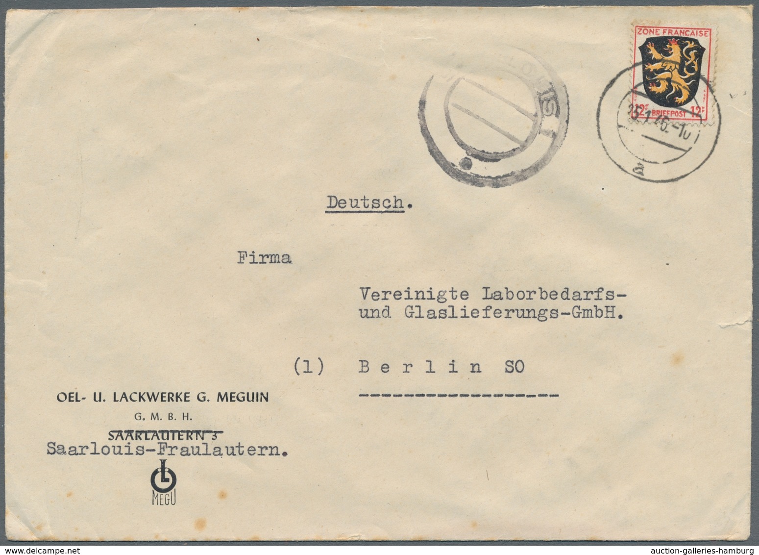 Saarland (1947/56) - Besonderheiten: "Saarlouis 1" (Not-Gummistempel In Schwarz), Sauber Auf Frank. - Sonstige & Ohne Zuordnung