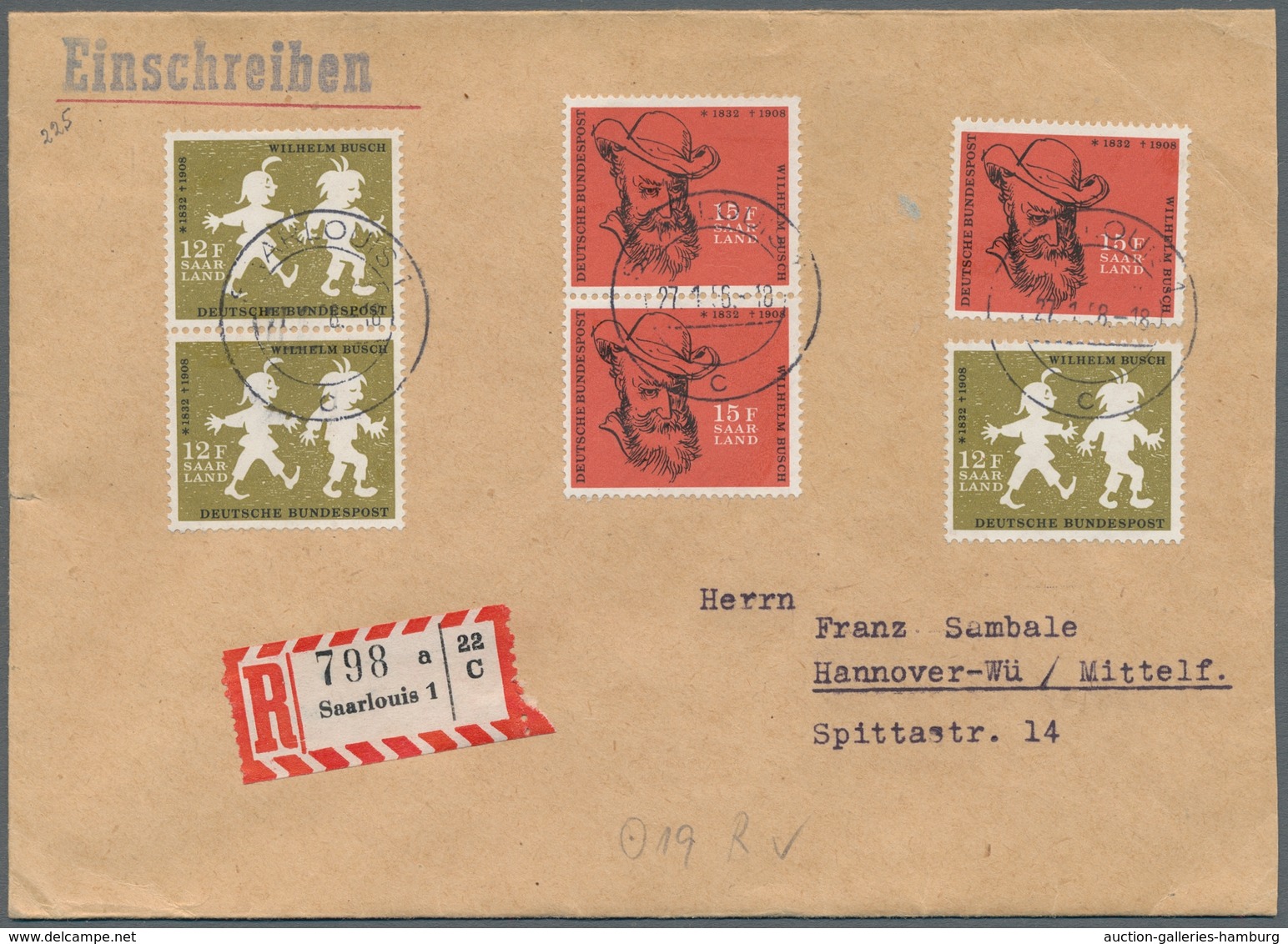 Saarland (1947/56) - Besonderheiten: SAARLOUIS 1 C 27.1.58, Klar Auf Frank. R-Brief Nach Hannover In - Other & Unclassified