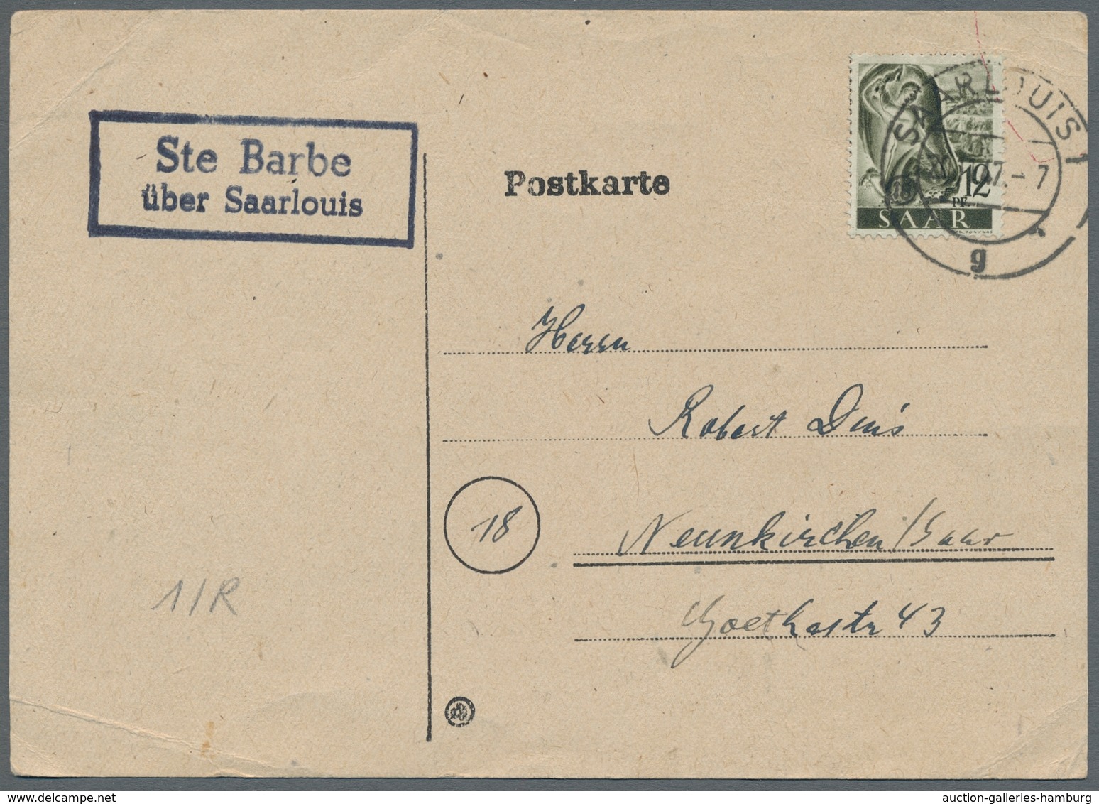 Saarland (1947/56) - Besonderheiten: "Ste Barbe über Saarlouis", Klarer Abschlag Des Landpoststempel - Other & Unclassified