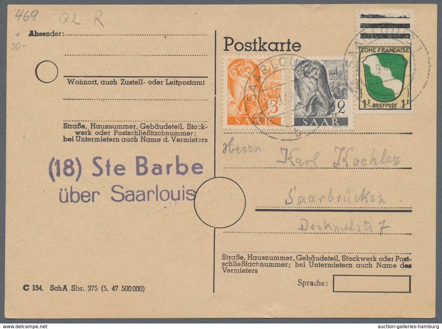 Saarland (1947/56) - Besonderheiten: "18 Ste Barbe über Saarlouis", Klarer Abschlag Des Landpoststem - Sonstige & Ohne Zuordnung