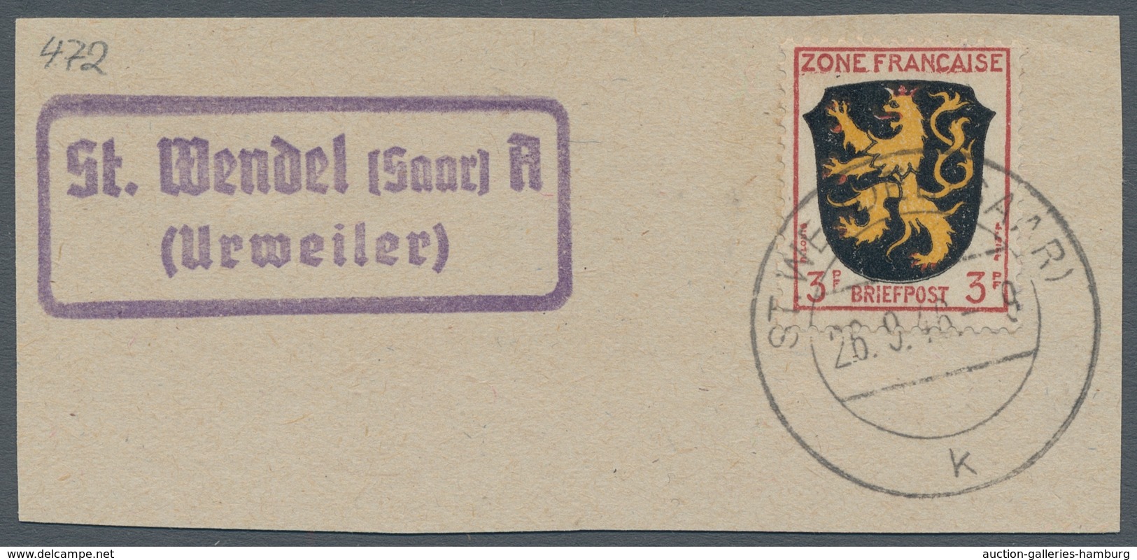 Saarland (1947/56) - Besonderheiten: "St. Wendel (Saar) A (Urweiler)", Klarer Abschlag Des Landposts - Sonstige & Ohne Zuordnung