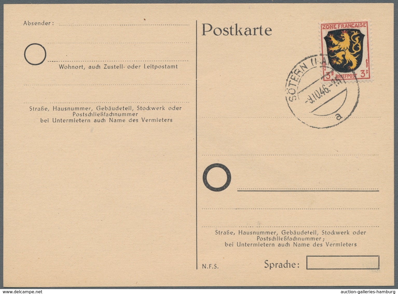 Saarland (1947/56) - Besonderheiten: SÖTERN (NAHE) A -9.10.46, Klarer Abschlag Auf Frank. Blankokart - Sonstige & Ohne Zuordnung