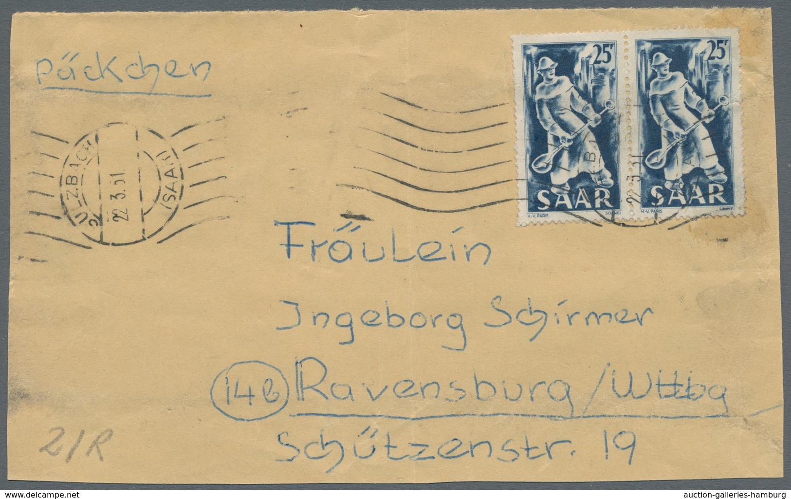 Saarland (1947/56) - Besonderheiten: SULZBACH (SAAR) 22.3.51, Klarer Abschlag Auf Frank. Päckchenadr - Sonstige & Ohne Zuordnung