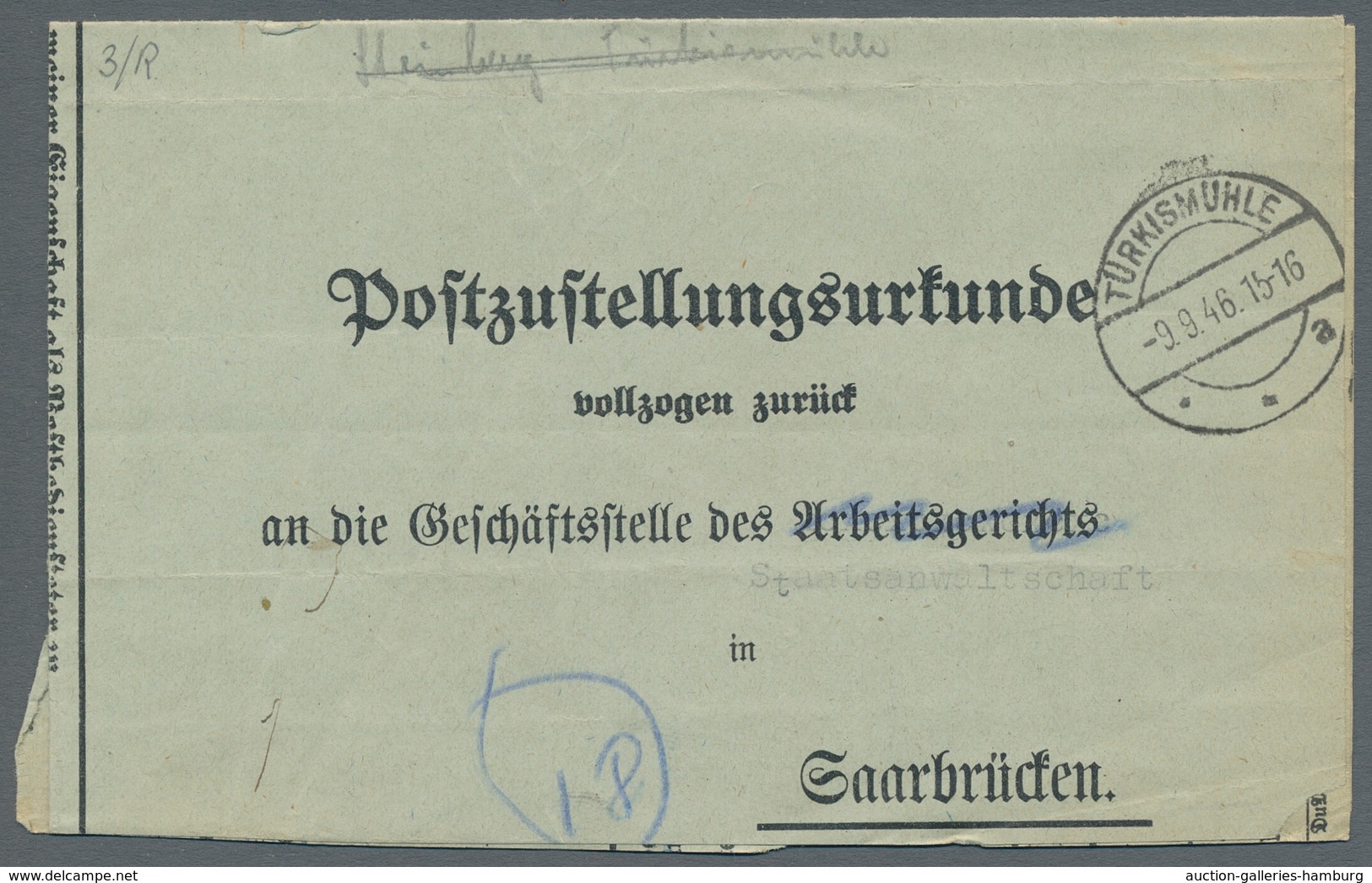 Saarland (1947/56) - Besonderheiten: TÜRKISMÜHLE * * A -9.9.46, Klarer Abschlag Auf Postzustellungsu - Sonstige & Ohne Zuordnung