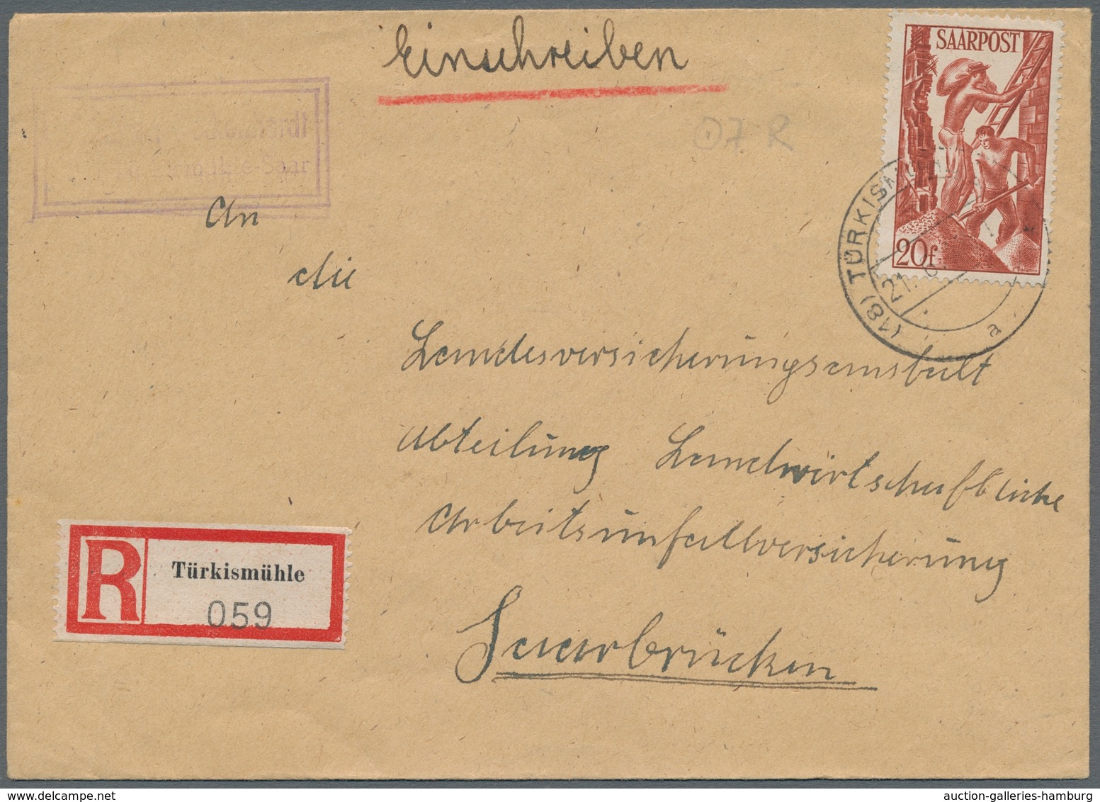 Saarland (1947/56) - Besonderheiten: 18 TÜRKISMÜHLE (SAAR) A 21.6.48, Klarer Abschlag Auf Frank. R-B - Sonstige & Ohne Zuordnung