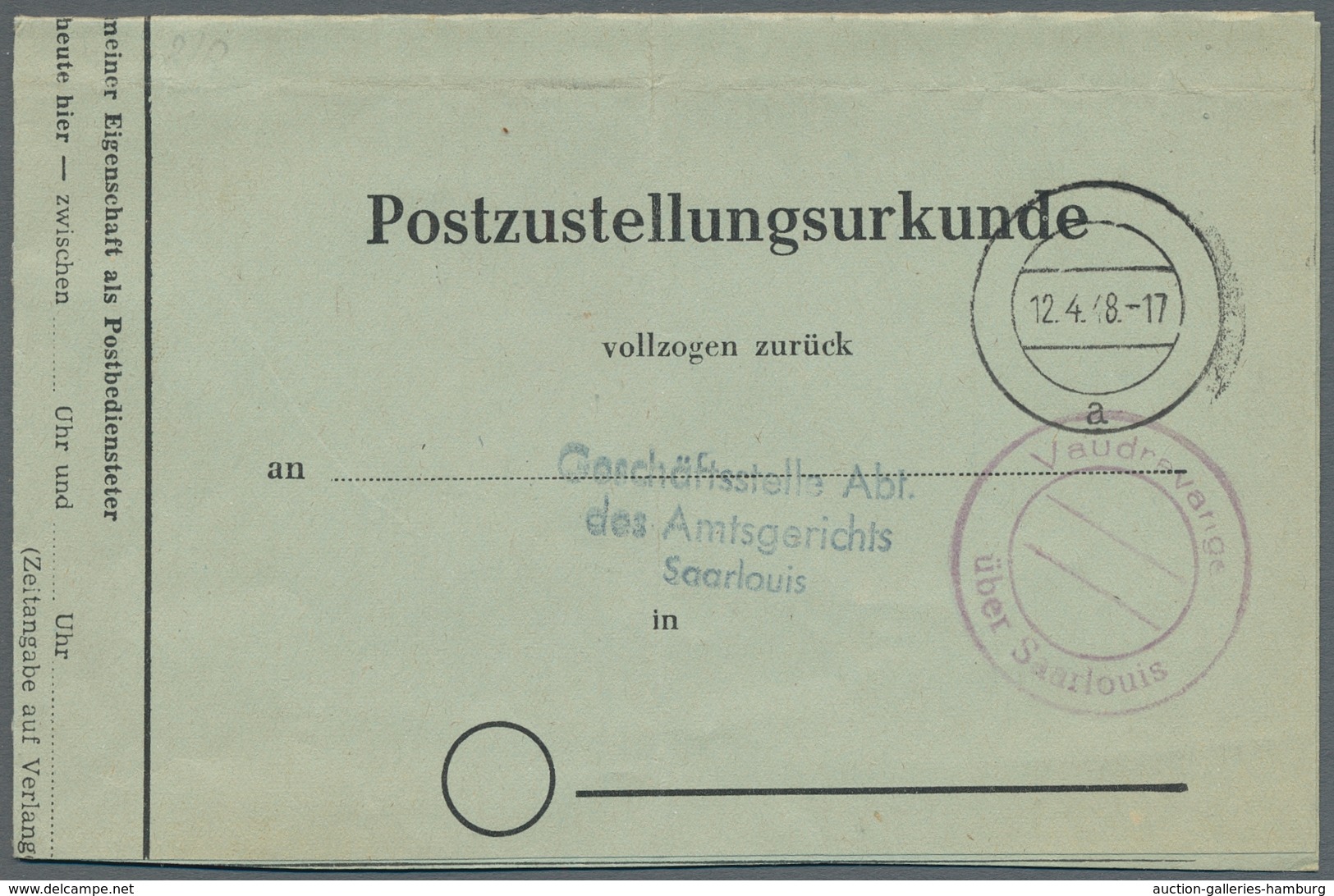 Saarland (1947/56) - Besonderheiten: "Vaudrevange über Saarlouis" Neben Stummem 12.4.48 A, Klare Abs - Sonstige & Ohne Zuordnung