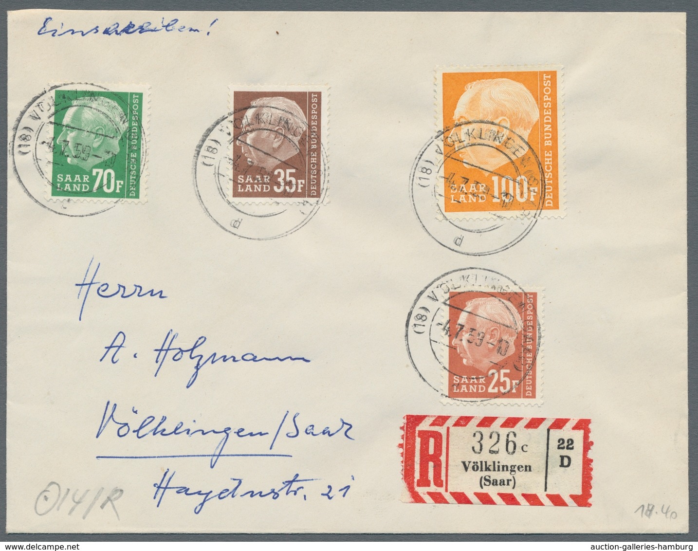 Saarland (1947/56) - Besonderheiten: 18 VÖLKLINGEN (SAAR) D -4.7.59, Klar Auf Frank. R-Brief In Sehr - Sonstige & Ohne Zuordnung