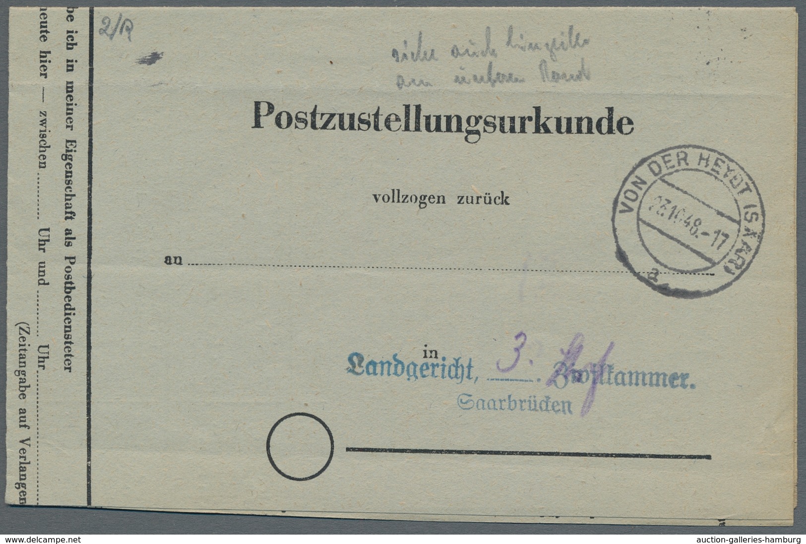 Saarland (1947/56) - Besonderheiten: VON DER HEYDT (SAAR) A 23.10.48, Klarter Abschlag Auf Postzuste - Sonstige & Ohne Zuordnung