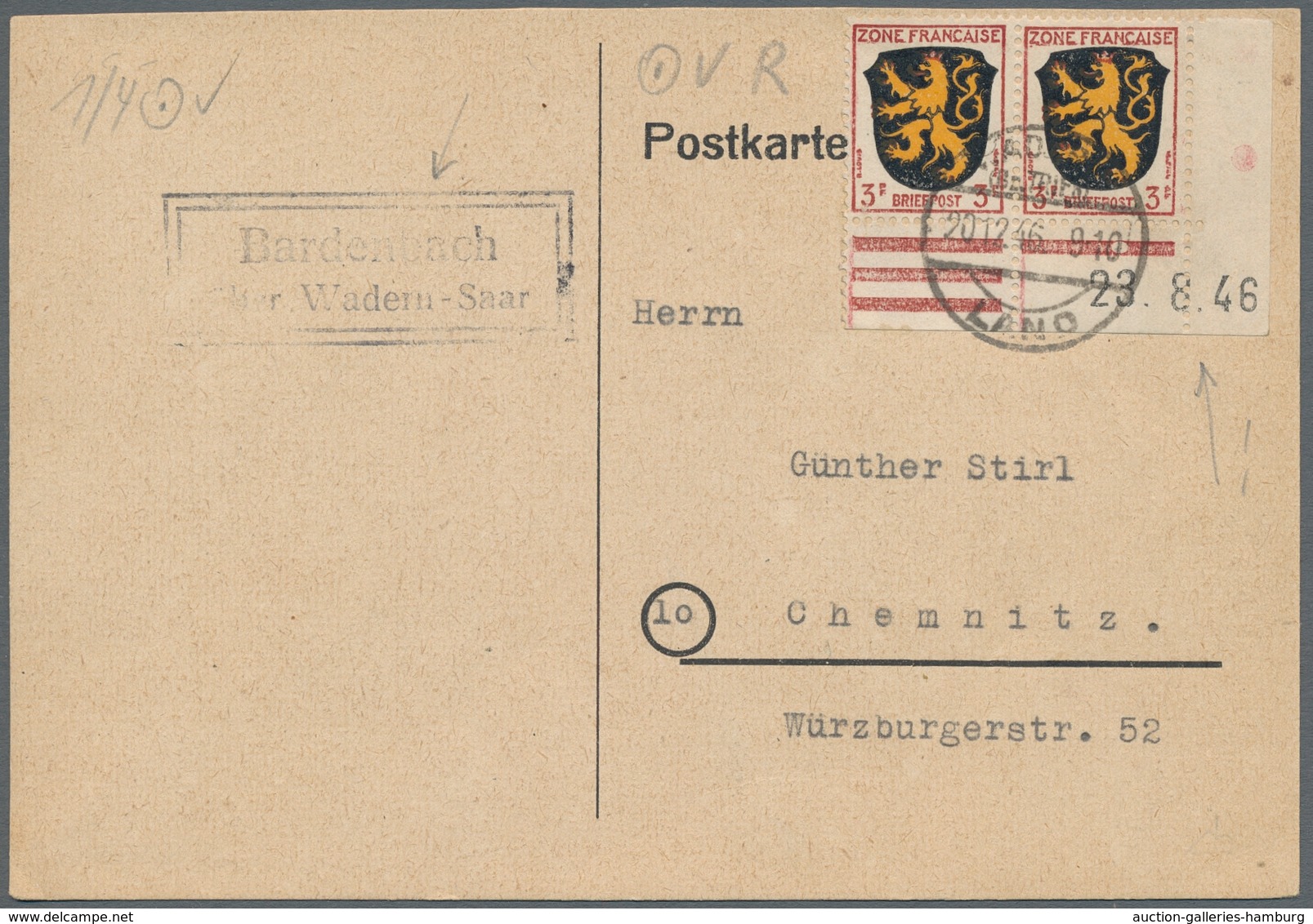 Saarland (1947/56) - Besonderheiten: WADERN (SAAR) LAND 20.12.46 Neben "Bardenbach über Wadern-Saar" - Sonstige & Ohne Zuordnung