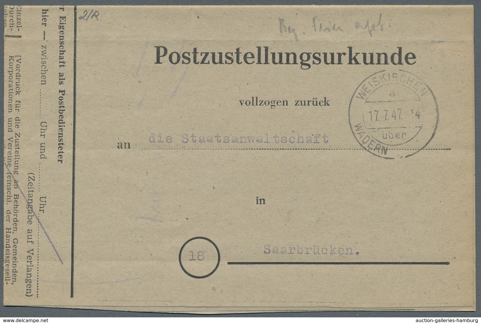 Saarland (1947/56) - Besonderheiten: WEISKIRCHEN über WADER 17.7.47 (aptiert), Klar Auf Zustellungsu - Other & Unclassified