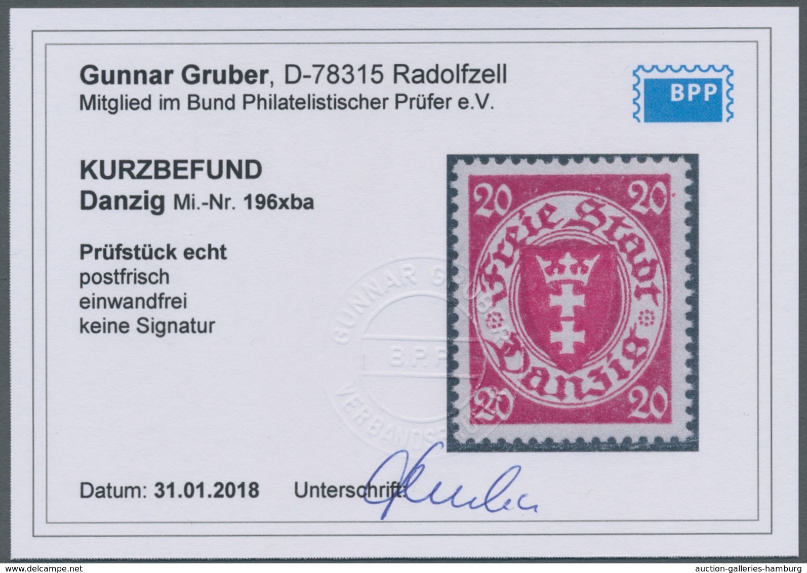 Danzig: 1924, Wappenausgabe 20 Pfennig Ba-Farbe Tadellos Postfrisch, Kurzbefund Gruber BPP "echt Und - Sonstige & Ohne Zuordnung