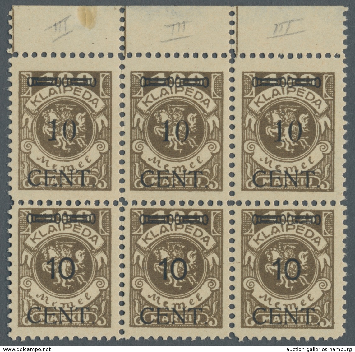 Memel: 1923; 10 C. Auf 400 MK. Dunkelolivbraun, Postfrischer Sechserblock Mit Drei Senkrechten Typen - Memelgebiet 1923