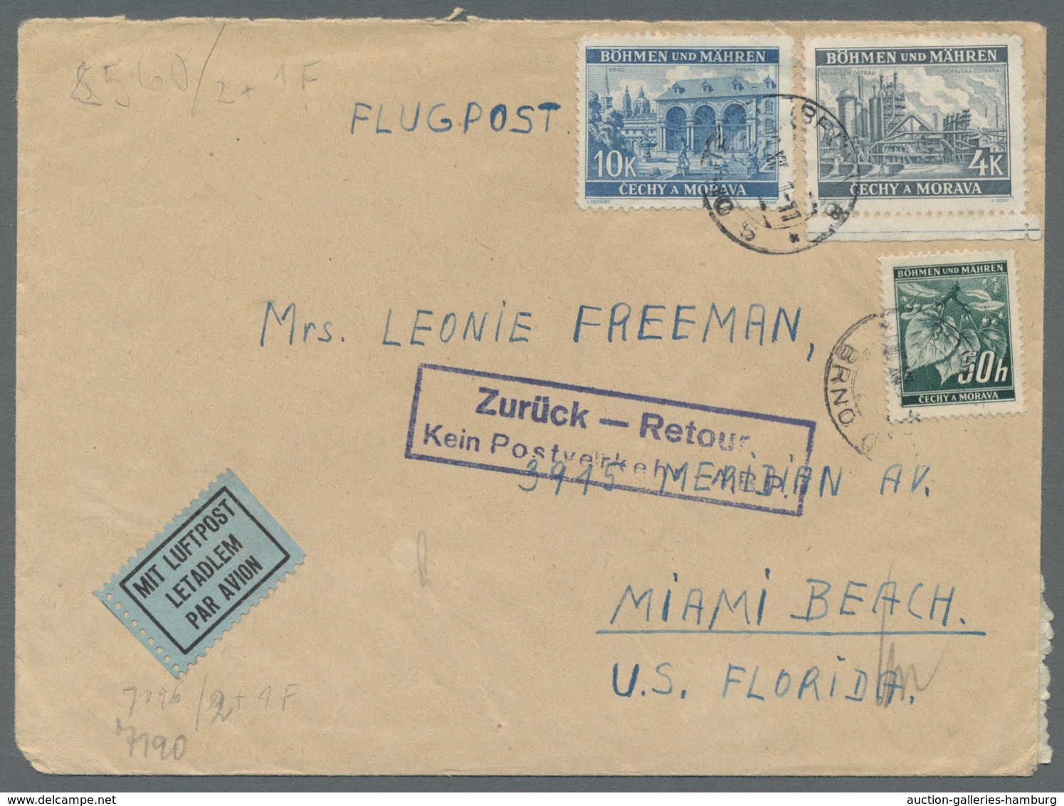 Dt. Besetzung II WK - Böhmen Und Mähren: 1940, Luftpostbrief In Die USA Aus Brünn 10.XII.41. Einen T - Occupation 1938-45