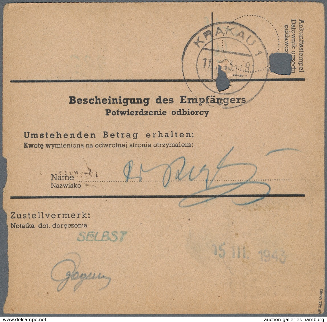 Dt. Besetzung II WK - Generalgouvernement: 1942, 1,20 Zl Schwarzsiena, Einzelfrankatur Auf Postanwei - Ocupación 1938 – 45