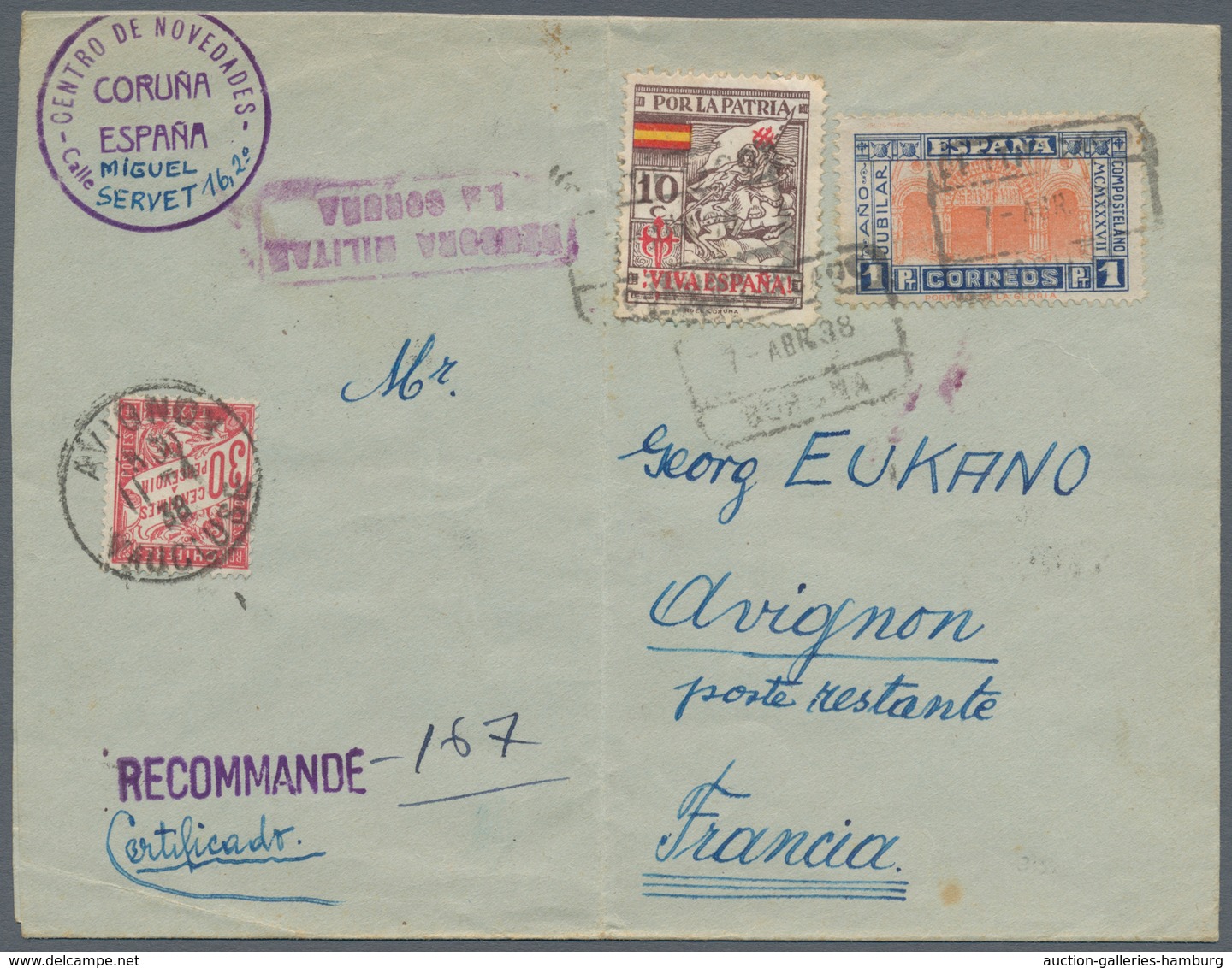 Feldpost 2. Weltkrieg: 1938, LEGION CONDOR 7.4.1938. R-Brief Mit Bürgerkriegsmarke Aus Coruna Mit Ze - Other & Unclassified