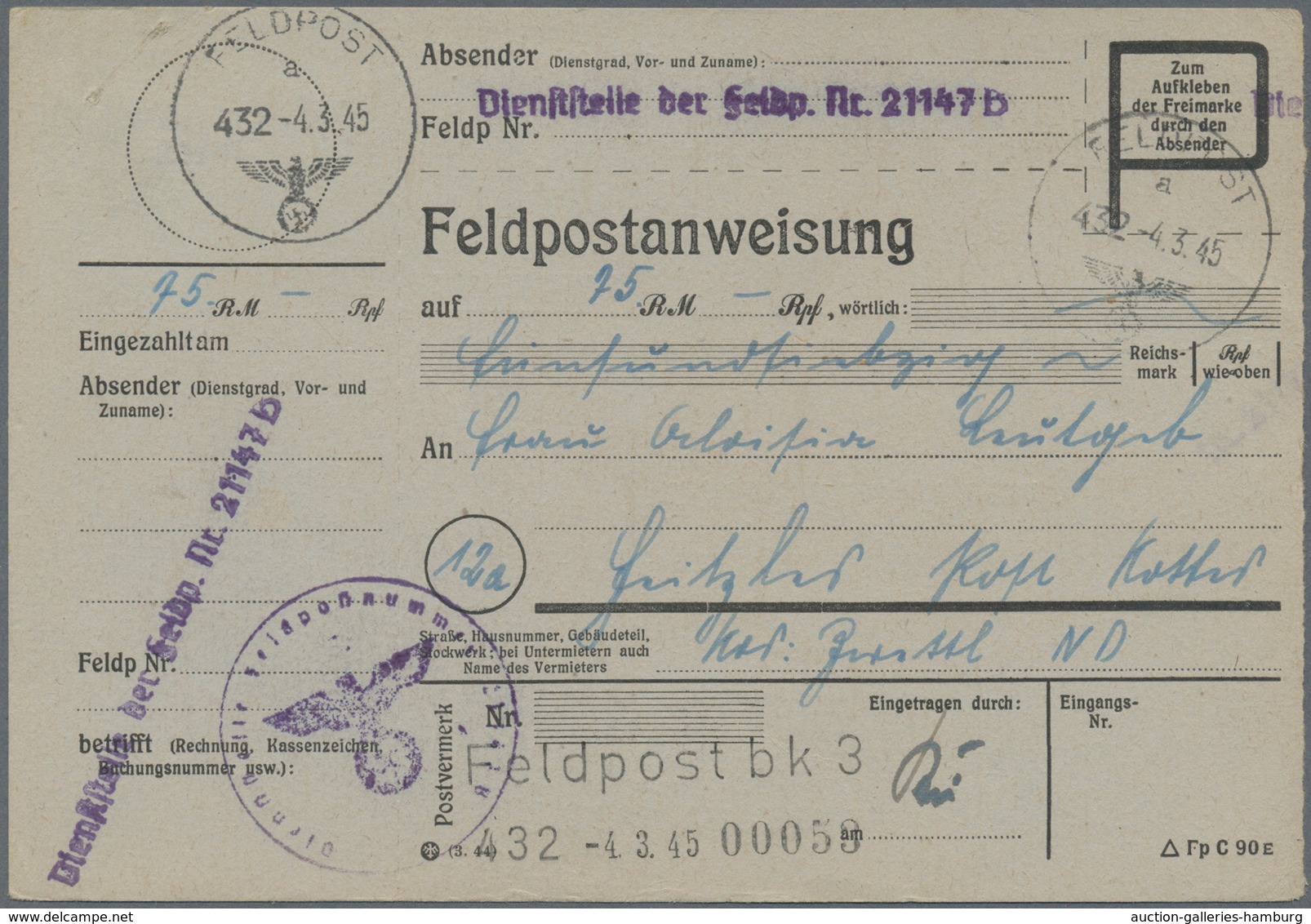 Feldpost 2. Weltkrieg: 1945 (4.3.), Dienstliche FP-Anweisung (Mittelstück Mit Anhängendem Empfängera - Sonstige & Ohne Zuordnung