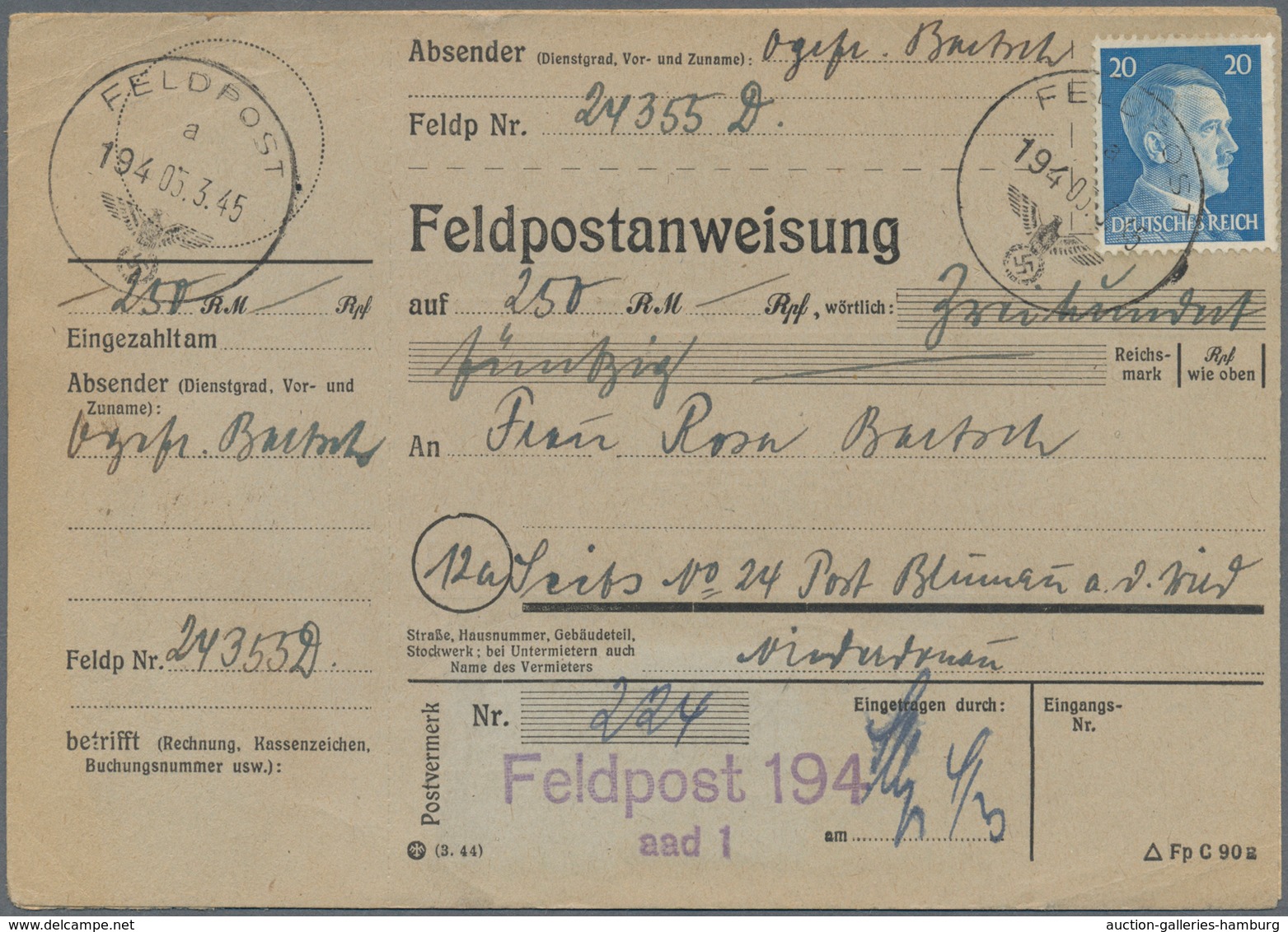 Feldpost 2. Weltkrieg: 1945 (5.3.), Frankierte FP-Anweisung (Mittelstück Mit Anhängendem Empfängerab - Other & Unclassified