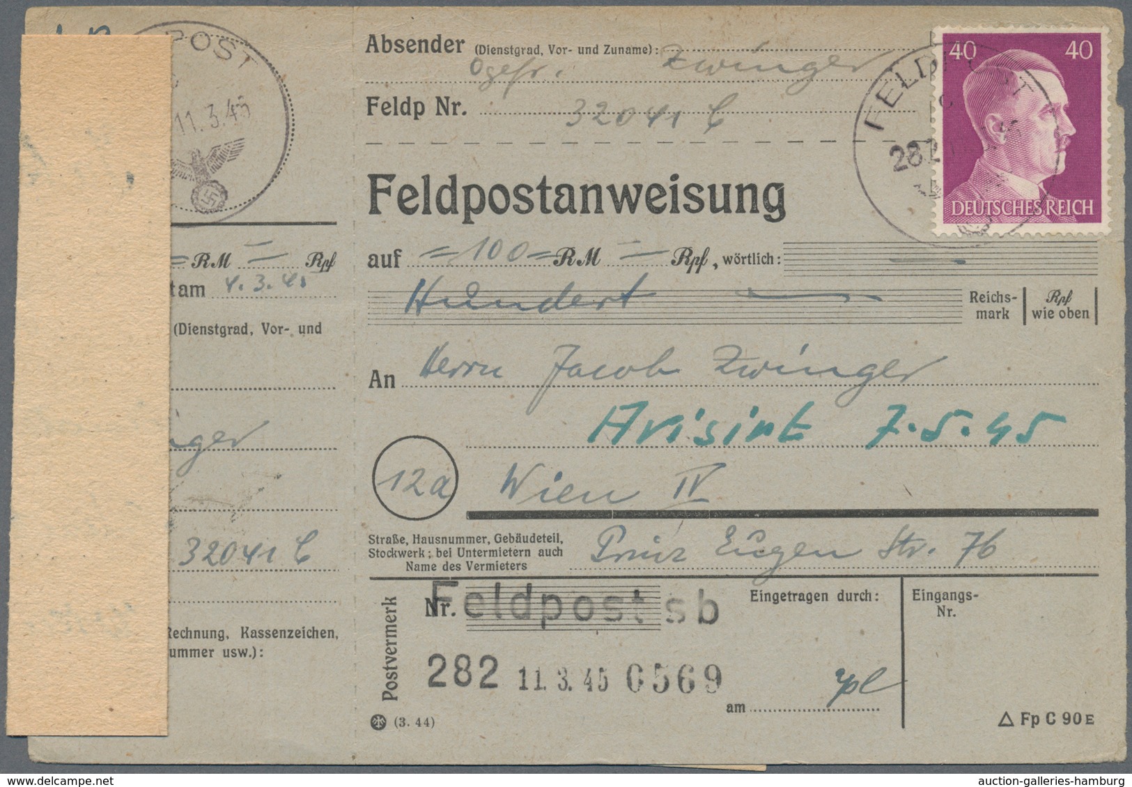 Feldpost 2. Weltkrieg: 1945 (11.3.), Frankierte FP-Anweisung (Mittelstück Mit Anhängendem Empfängera - Sonstige & Ohne Zuordnung