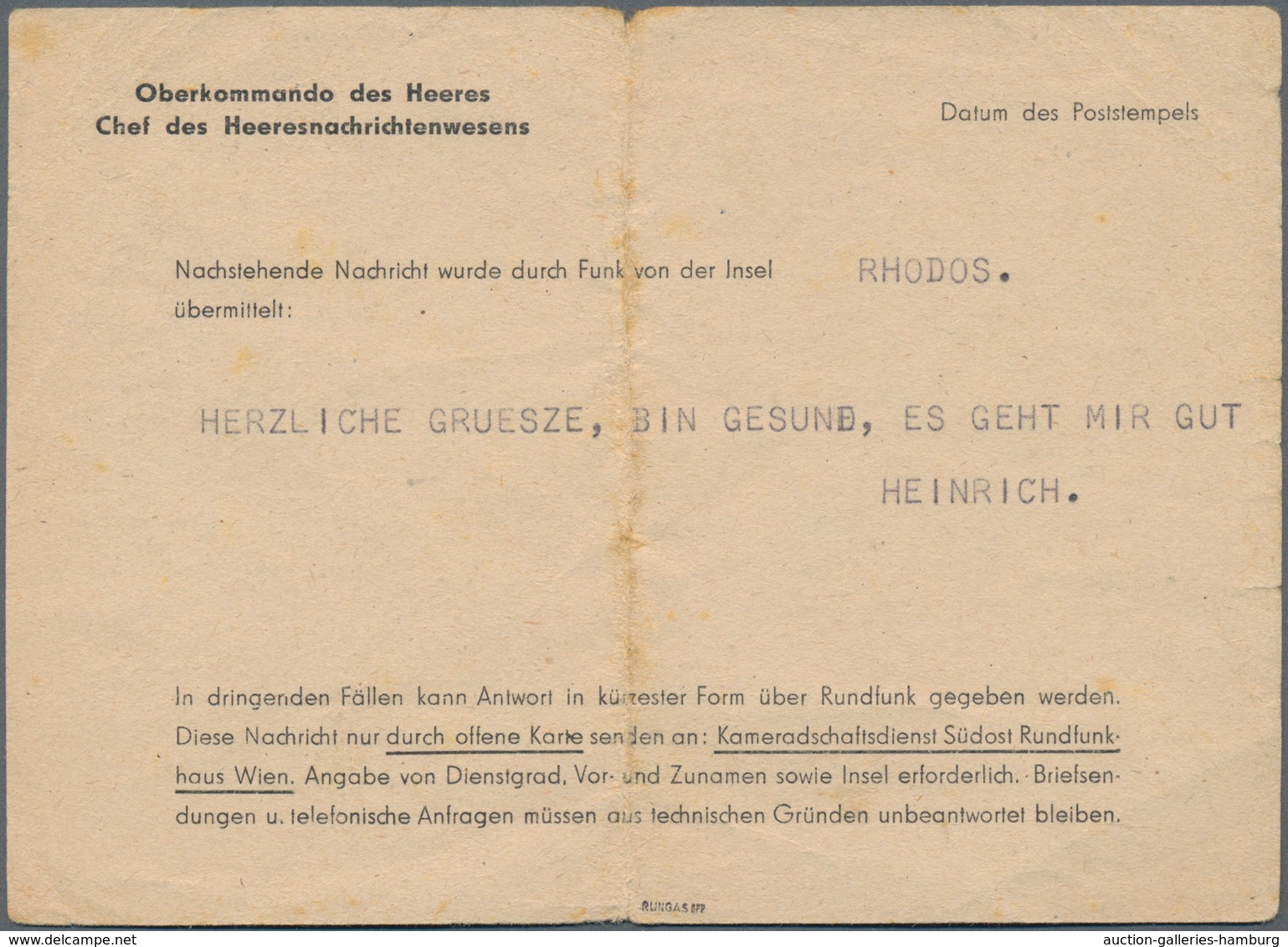 Feldpost 2. Weltkrieg: FELDPOST II. WELTKRIEG, INSEL RHODOS. Funkmitteilungskarte Bedarfsgebraucht N - Other & Unclassified