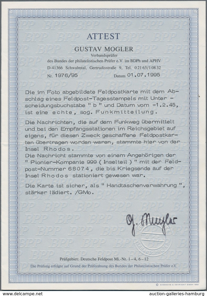 Feldpost 2. Weltkrieg: FELDPOST II. WELTKRIEG, INSEL RHODOS. Funkmitteilungskarte Bedarfsgebraucht N - Sonstige & Ohne Zuordnung