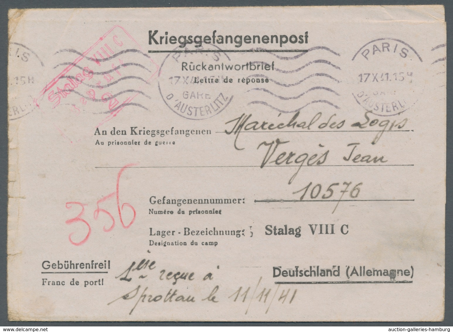 Kriegsgefangenen-Lagerpost: 1941 - STALAG VIII C, Kompletter Vorgedruckter Rückantwortbrief An Einen - Sonstige & Ohne Zuordnung