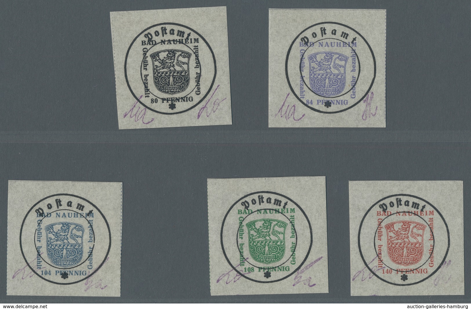Deutsche Lokalausgaben ab 1945: Bad Nauheim; Postverschlußzettel auf grauem Papier 5 Werte sowie der
