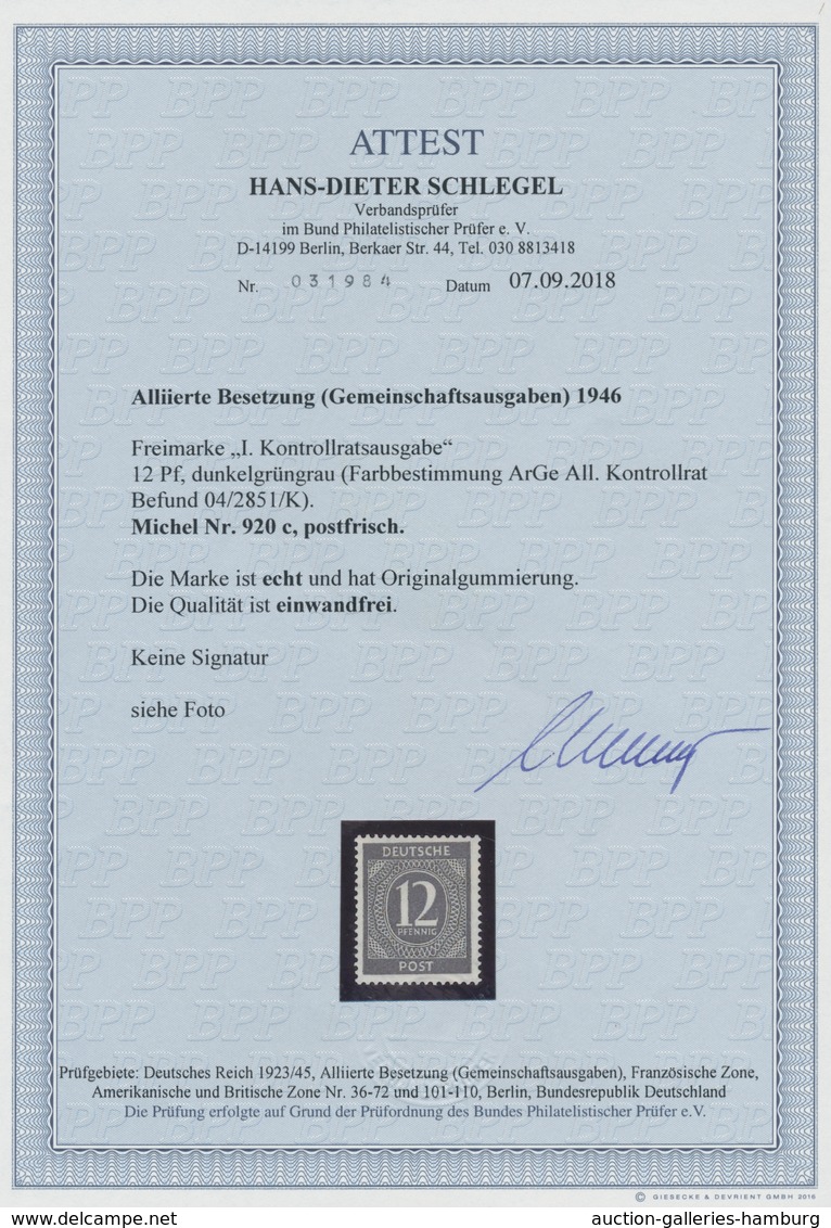 Alliierte Besetzung - Gemeinschaftsausgaben: 1946, "12 Pfg. Ziffer Dunkelgrüngrau", Postfrischer Wer - Other & Unclassified