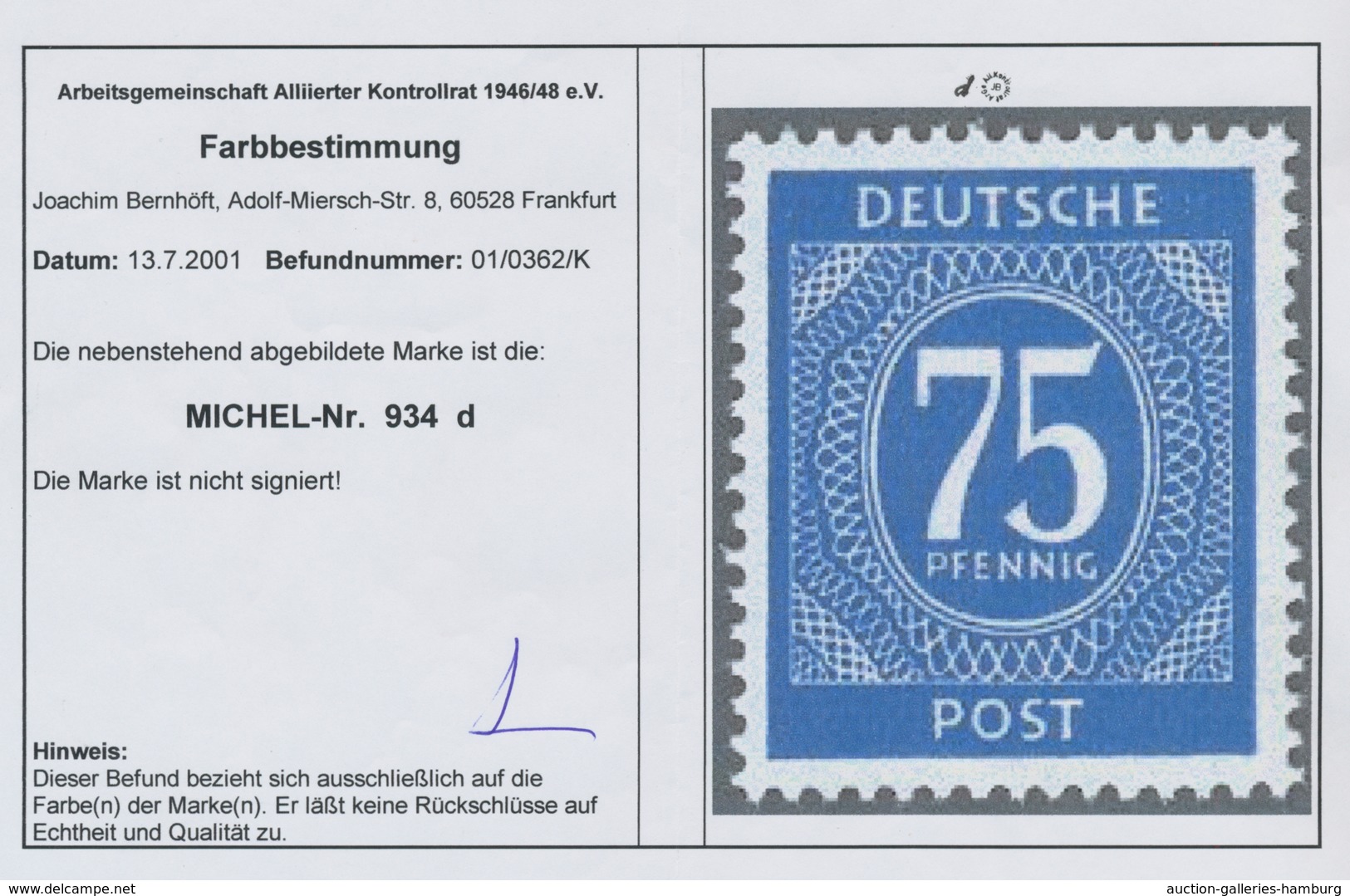 Alliierte Besetzung - Gemeinschaftsausgaben: 1946, "75 Pfg. Ziffer Dunkellilaultramarin", Postfrisch - Sonstige & Ohne Zuordnung