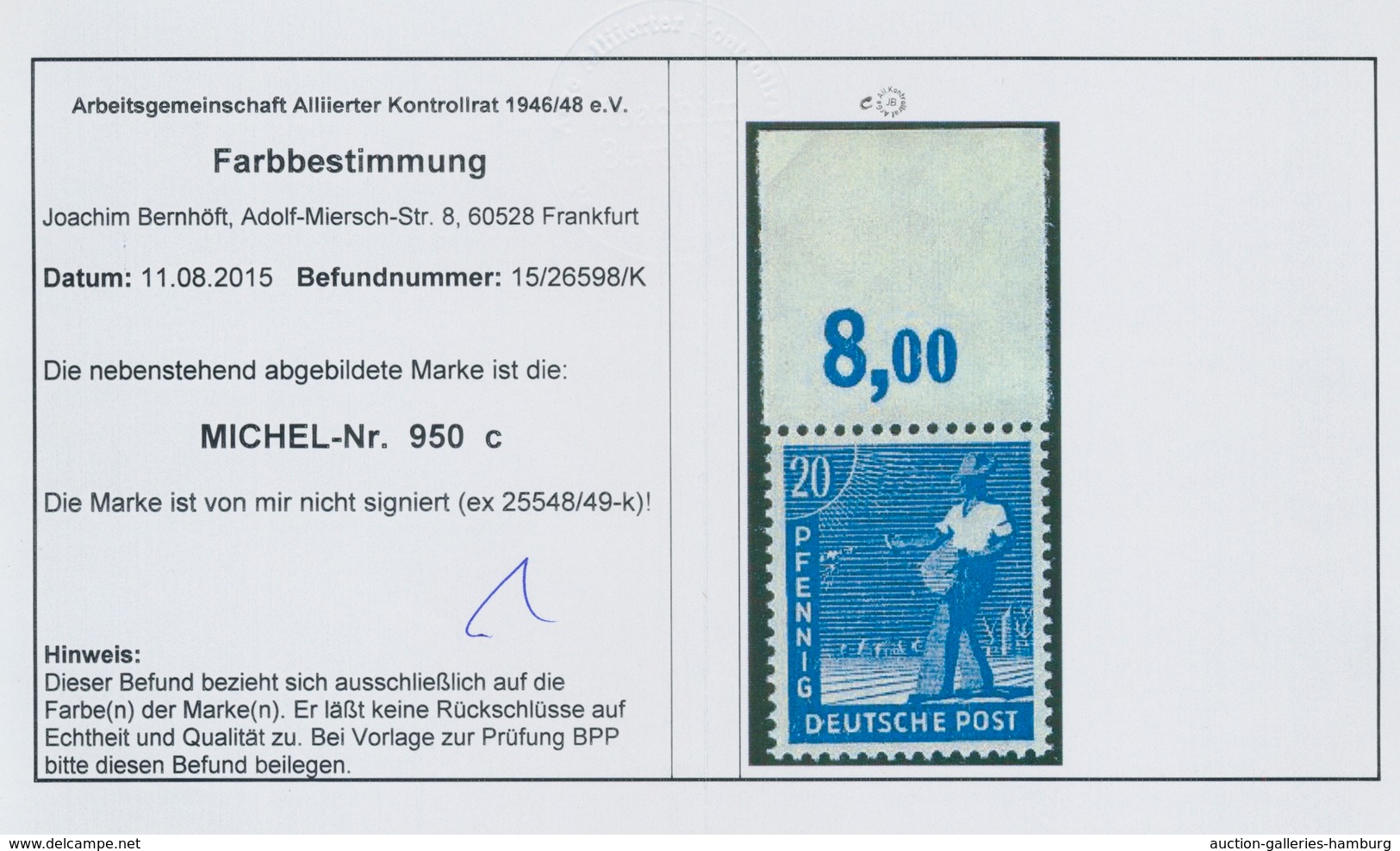 Alliierte Besetzung - Gemeinschaftsausgaben: 1947, "20 Pfg. Kobalt Vom Plattenoberrand", Postfrische - Sonstige & Ohne Zuordnung