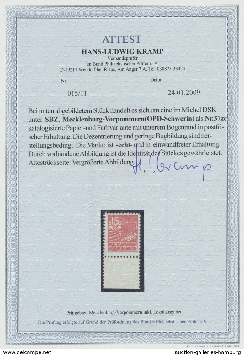 Sowjetische Zone - Mecklenburg-Vorpommern: 1946, "15 Pfg. Mittelgelbbraun Auf "z"-Papier", Postfrisc - Other & Unclassified