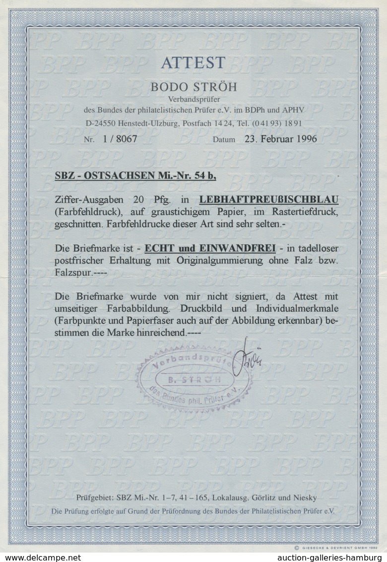 Sowjetische Zone - Ost-Sachsen: 1945, "20 Pfg. Lebhaftpreußischblau", Postfrischer Wert In Tadellose - Other & Unclassified