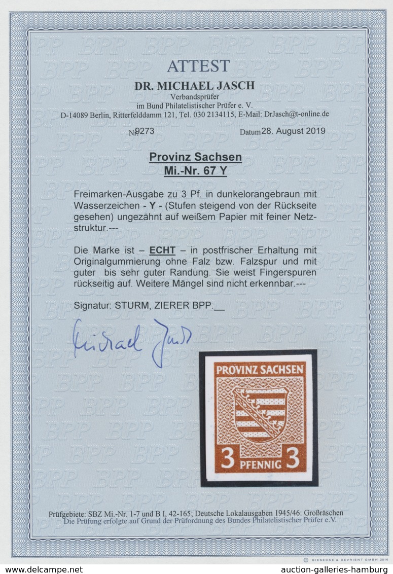 Sowjetische Zone - Provinz Sachsen: 1945, "3 Pfg. Wappen Mit Steigendem Wasserzeichen", Postfrischer - Other & Unclassified